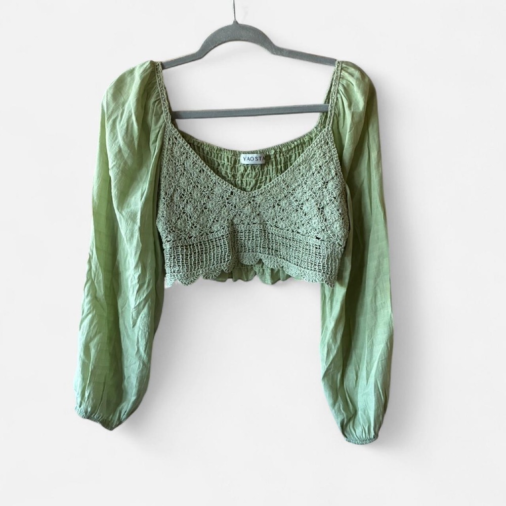 Yao Star Mint Green crochet crop top with long balloon‎ sleeves Sz M/L